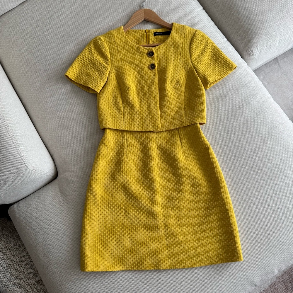Karen Millen Mustard Yellow Textured Short Sleeve Dress